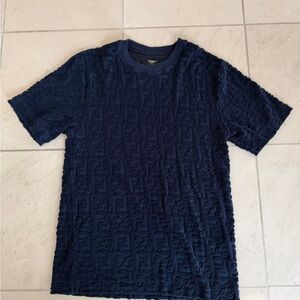 Fendi Men's Dark Navy Embossed FF Short Sleeve Tee L Terry